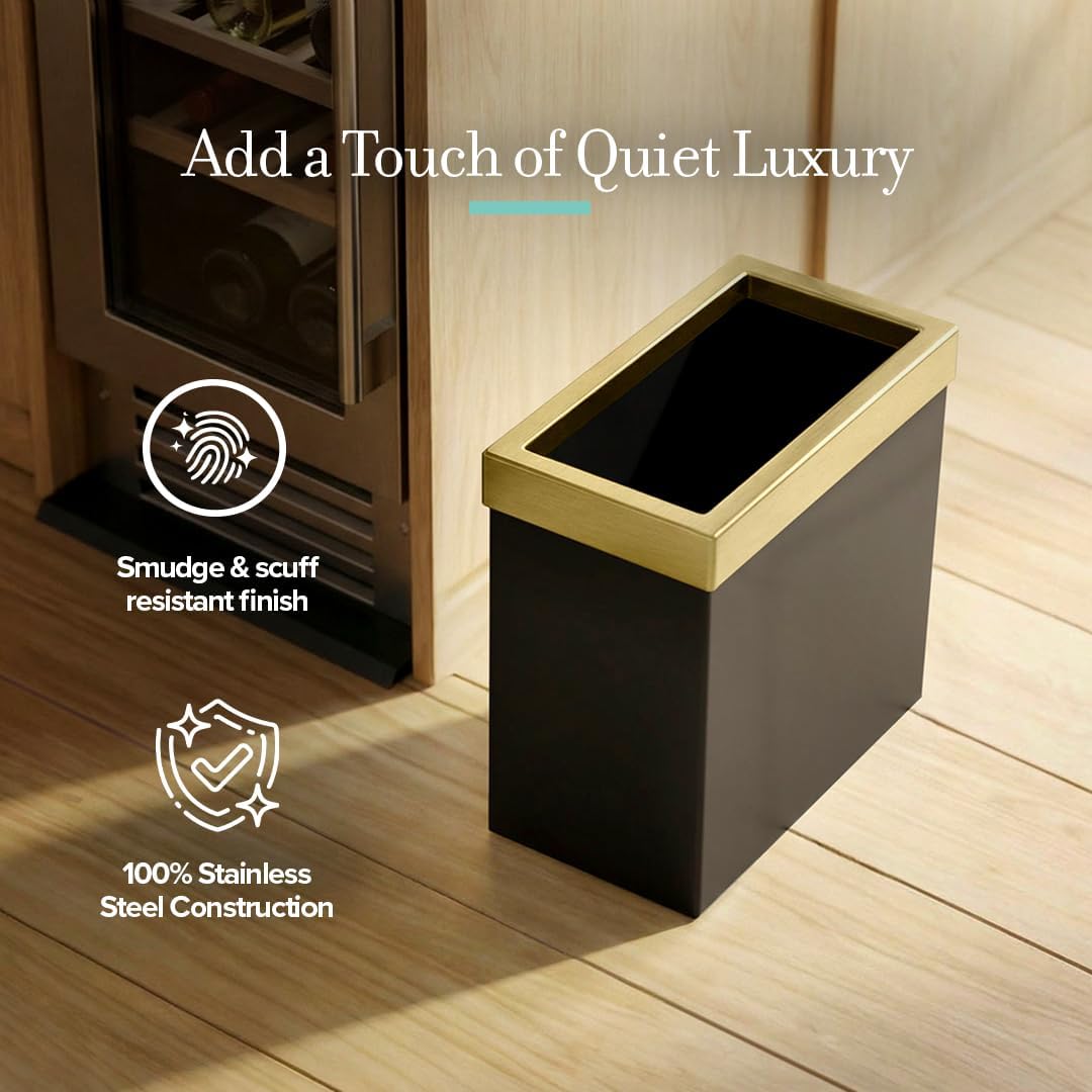 Gatco Small Bathroom Trash Can With Lid, Rectangle 3 Gallon Stainless Steel Wastebasket, Under Sink, Matte Black And Brushed Brass, For Bathroom, Bedroom, Office (1938)