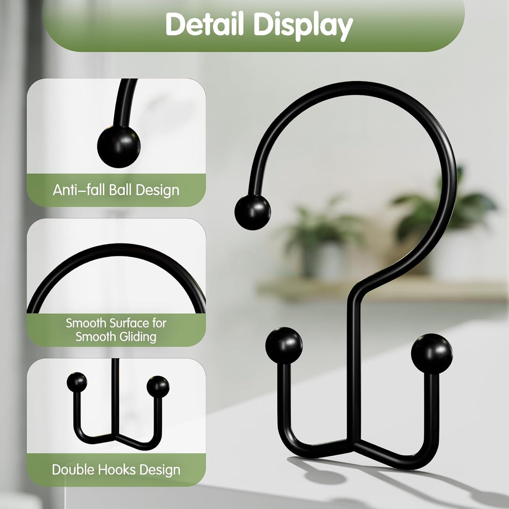 OEH Shower Curtain Hooks, Metal Shower Curtain Rings, Black Shower Curtain Hooks Rust Proof, Double Shower Rings for Curtain, Easy Install Anti-Drop Shower Hooks for Shower Curtain (Black, 12 Pack)