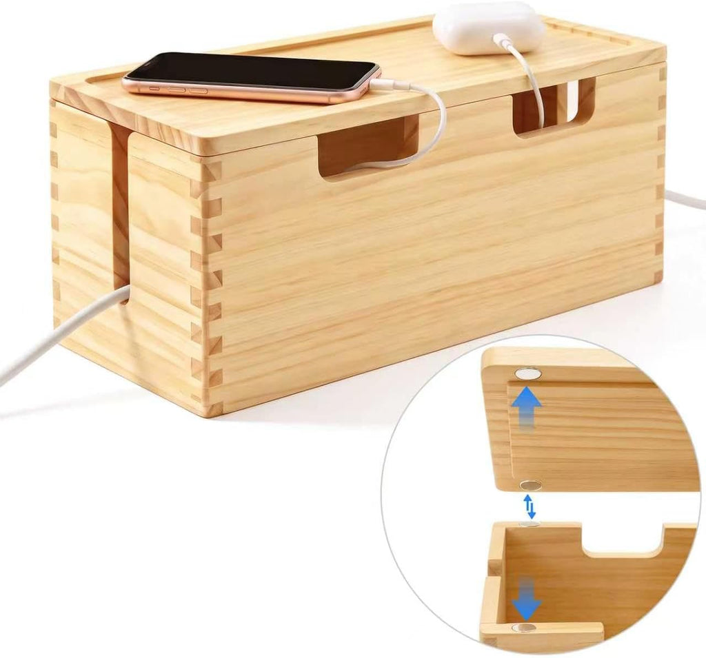 Large Wooden Cable Management Box with Magnetic Lid – Solid Wood Cord Organizer for Power Strip & Bulky Adapters, Tall Concealer for Desk & TV, Farmhouse Style Wire Hider Cover
