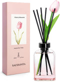 Reed Diffuser Set Cherry Blossoms Scent with Vintage Rectangle Bottle 6.76 oz, Reed Diffusers for Space-Saving Home Decor with Tulip Flower, Reed Diffuser for Entryway Decor, Shelves Decor