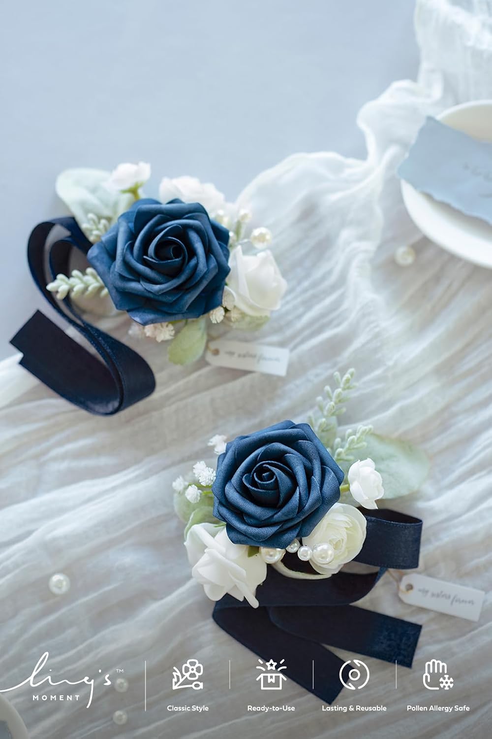 Ling's Moment 2pcs Prom Wrist Corsage Artificial Flowers, Navy Blue