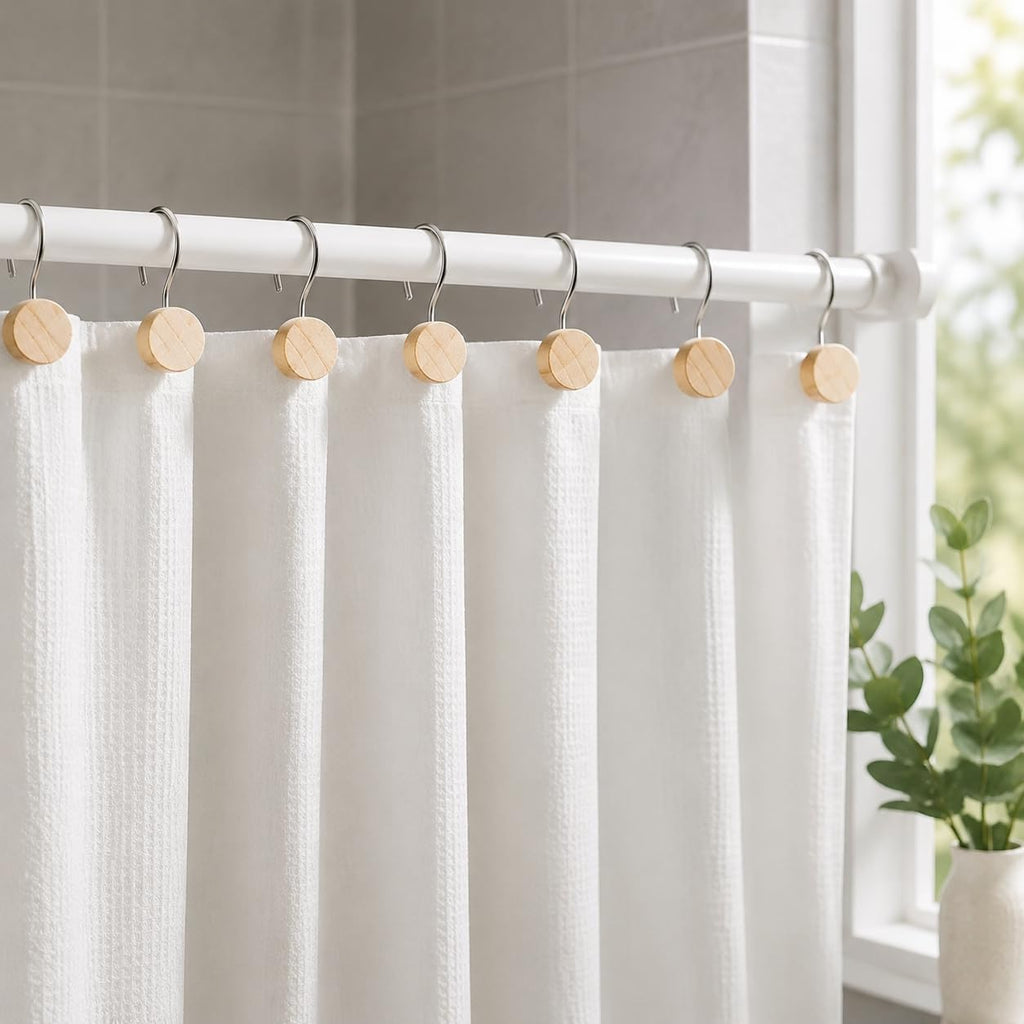 Wood Shower Curtain Hooks with Silvery Metal Rings, Set of 12 Decorative Hardware for Bathroom Rods