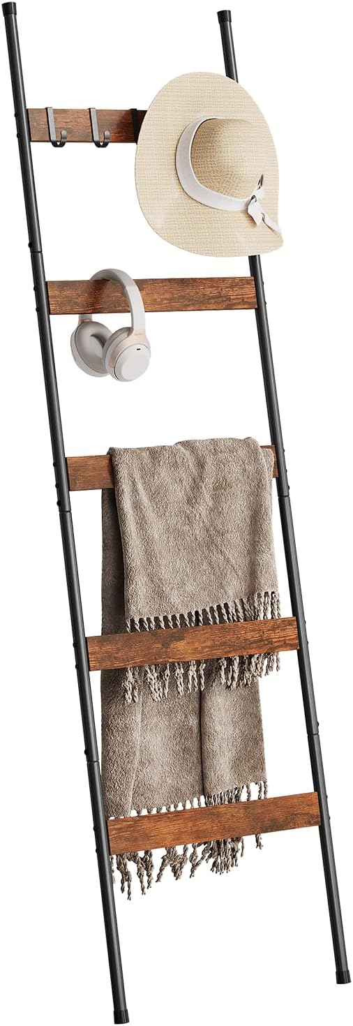 ELYKEN Blanket Ladder, 5-Tier Towel Rack, Wall-Leaning Quilt Holder