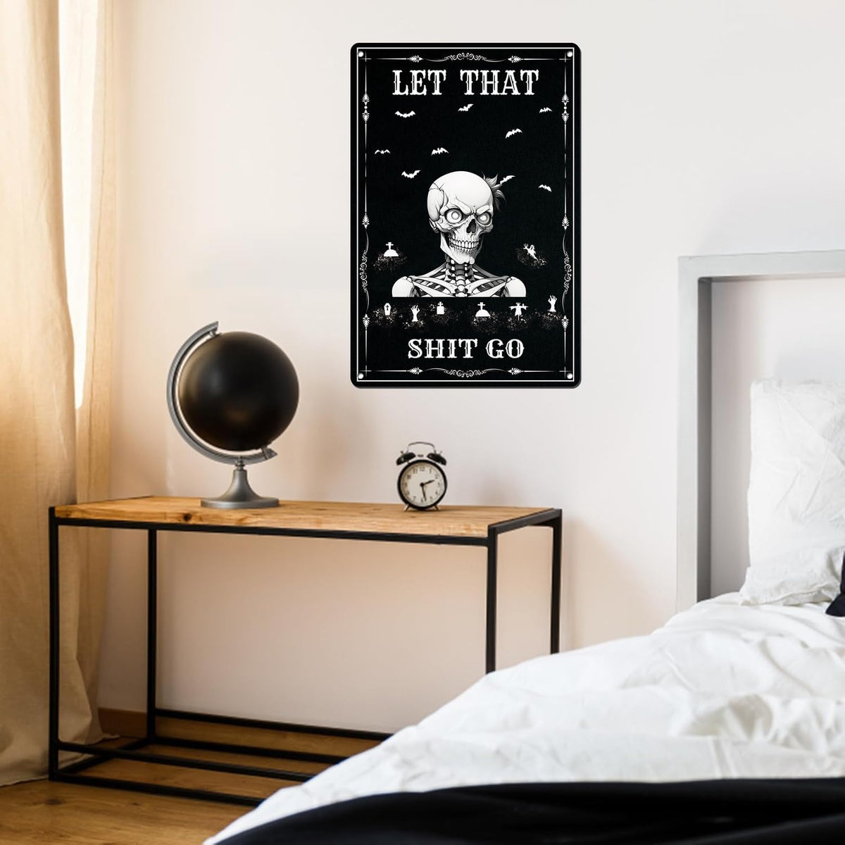 Skull Poster - Funny Bathroom Sign Wall Decor - Halloween Skull Decor - Let That Shitgo - Quote Wall Art for Bathroom Decor - 8x12 inches Hanging Tin Sign