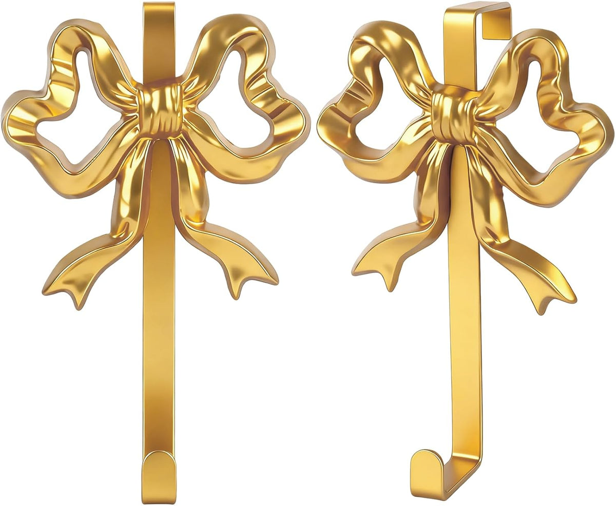 JarThenaAMCS 2Pcs Gold Bow Over The Door Hooks Metal Door Hanger Hook Coquette Towel Coat Hanger for Home Kitchen Bedroom Bathroom Decor