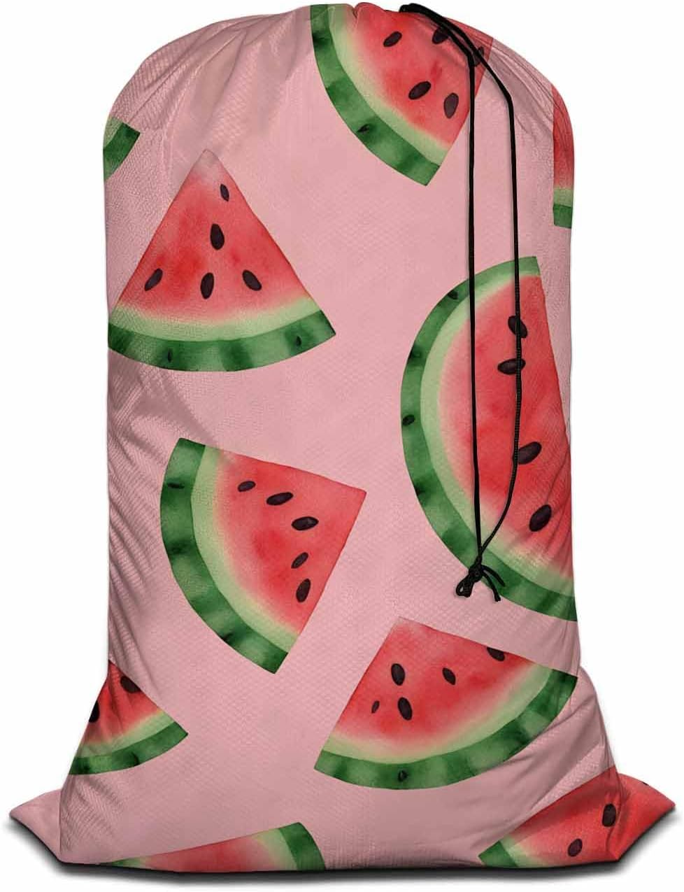Swono Heavy Duty Laundry Drawstring Bag with Strap Juicy Watermelon, Tropical Exotic Fresh Fruits 28 x 40 Inch, Oxford Cloth Travel Dirty Clothes Bag for Laundromat and Household, Pink