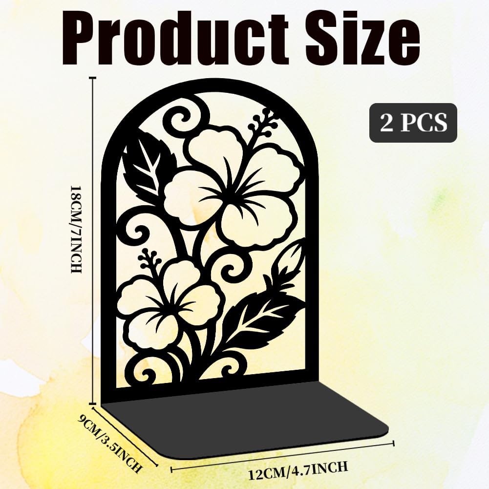 1 Pairs Hibiscus Floral Motifs Black Metal Bookends for Shelves