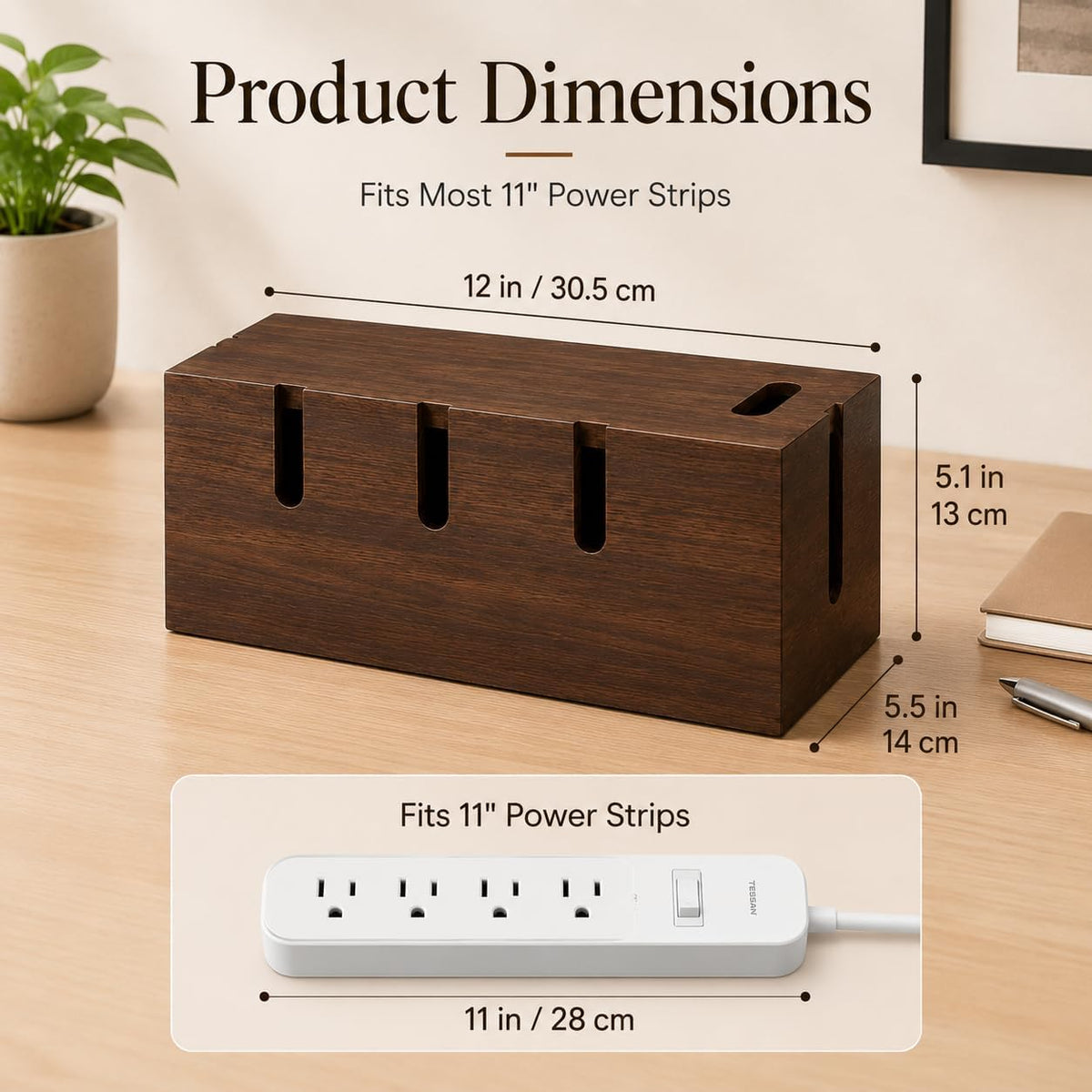 Large Wood Cable Management Box, Wooden Cord Hider Box for Power Strips, Walnut Finish Cable Organizer with 20 Reusable Ties for Desk, Floor & Home Office