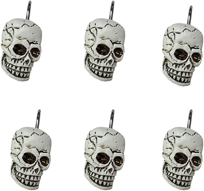 Decorative Shower Curtain Hooks, 12pcs Skull Resin Art Deco Rust Resistant Hooks Glide Shower Ring Hangs Holder Bling for Bathroom Baby Living Room Nursery Halloween Decoration