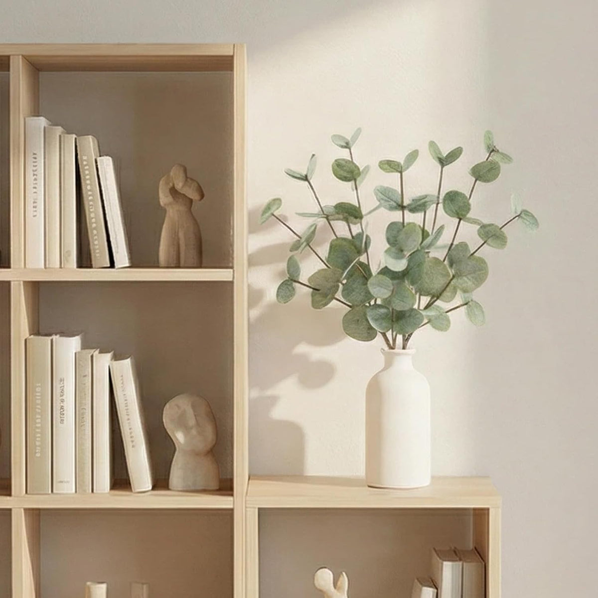 15" Artificial Eucalyptus Stems Potted Plant - Realistic Small Fake Desk Plants for Office Home Decor, Faux Plants in Frosted Ceramic Vase for Indoor Spaces, Wedding Centerpieces Table Decor-4pcs leaf