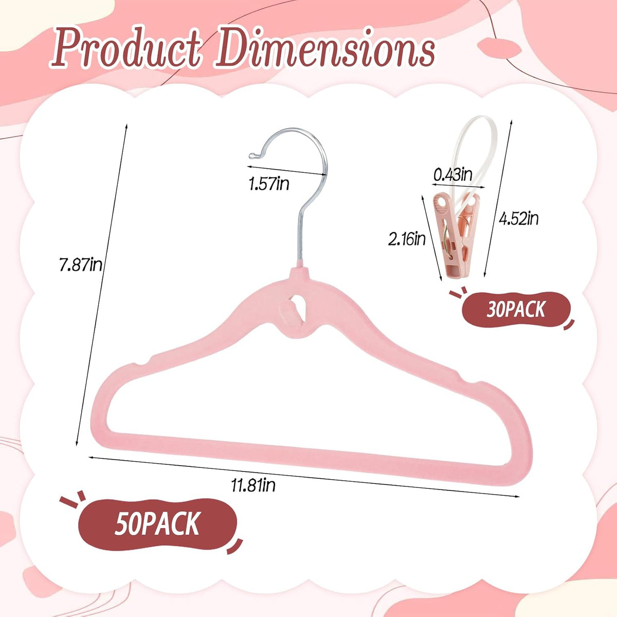 Velvet Clothes Hangers 50 Pack, 11.8" Non-Slip Flocked Garment Hangers with 30 Hanging Clips, Space Saving Small Size Clothing Hangers for Closet, Dresses, Tops, Pants,(Pink)