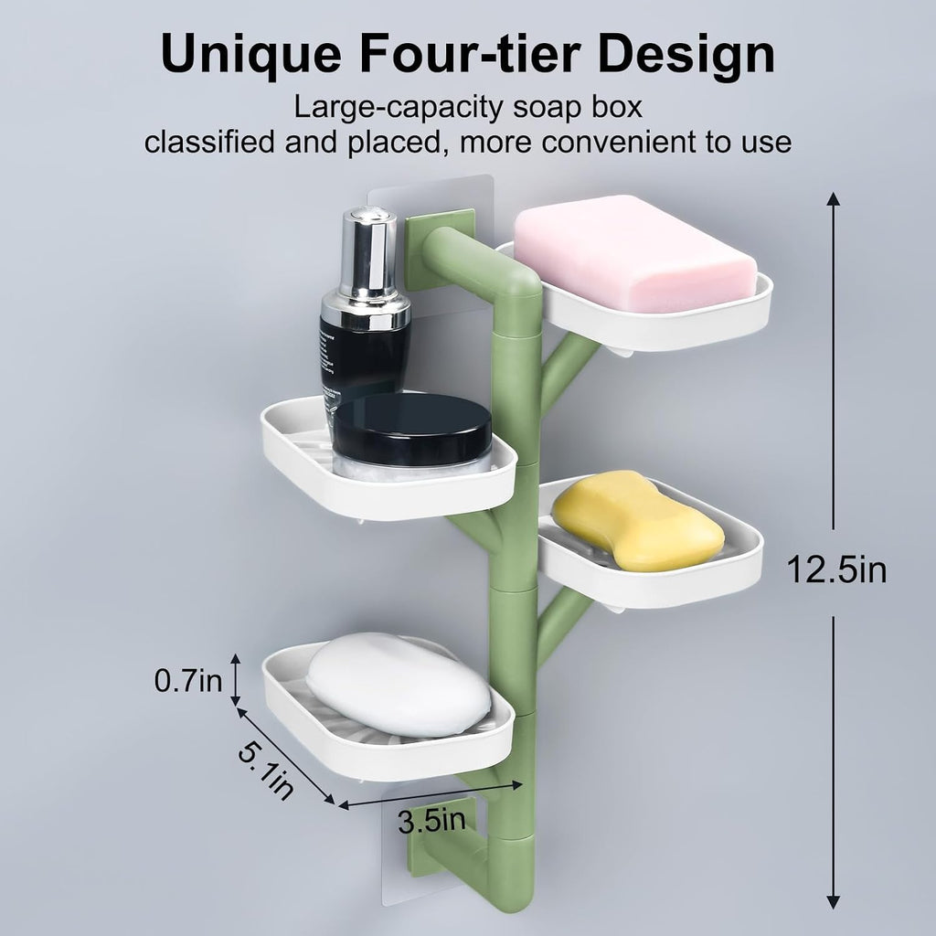 Soap Holder Four Layer Wall Mounted NO-Drilling Rotatable Self-draining Removable Soap Dish for Shower Bathroom Tray,Self Draining Sponge Holder,Razor Holder（White/Green）