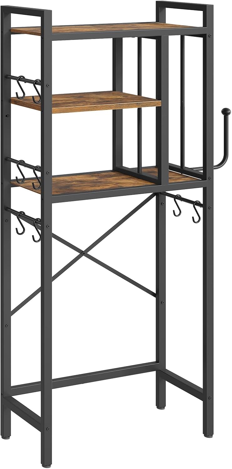 YATINEY Over The Toilet Storage Rack, 3-Tier Bathroom Organizer Shelf, Above Toilet Storage with Paper Holder 8 Hooks, Over The Toilet Storage Cabinet for Bathroom, Rustic Brown and Black TR06BR