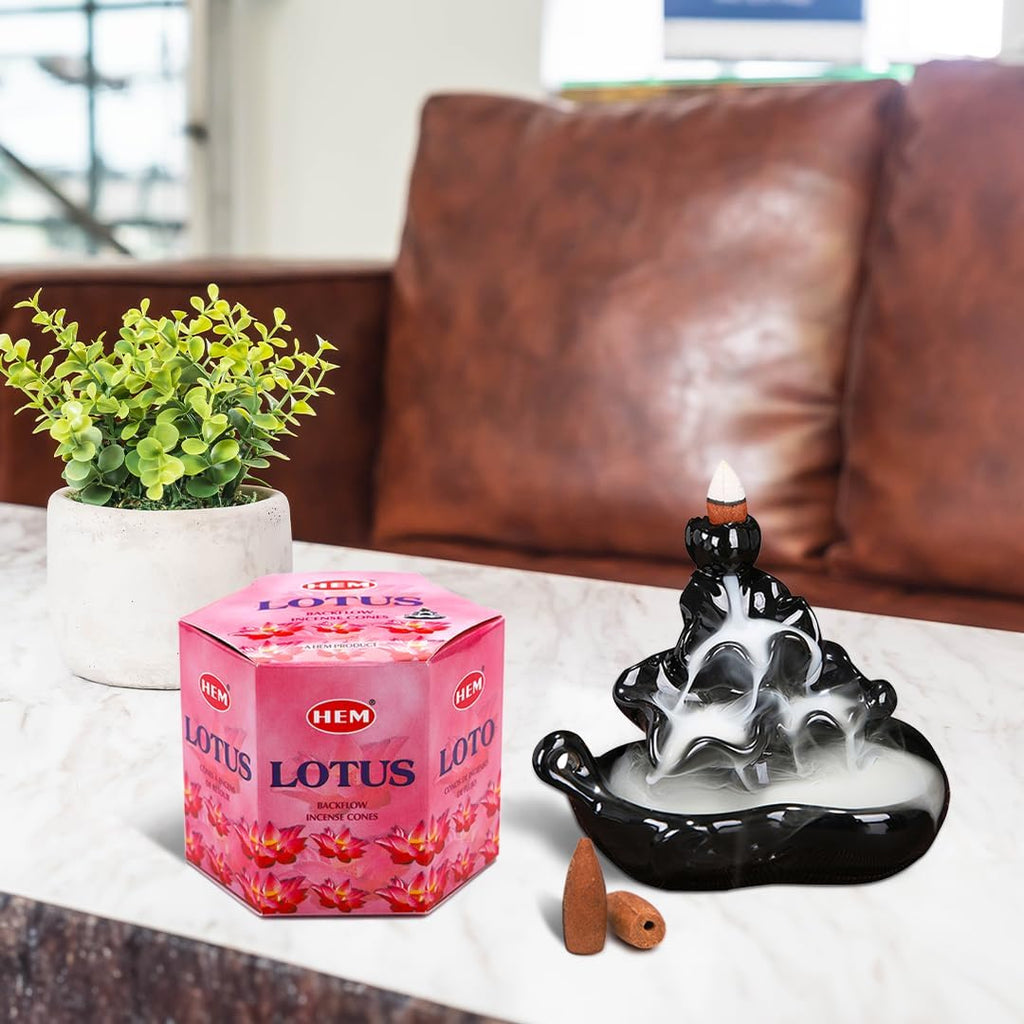 HEM Lotus Backflow Brown Incense Cones | Long Lasting Aroma for Positivity & Pure Air | Pure Herbs, Wood Powder | Aromatherapy For Stress Relief, Air Purifier & Cleansing | Gift Set - Pack of 40 cones