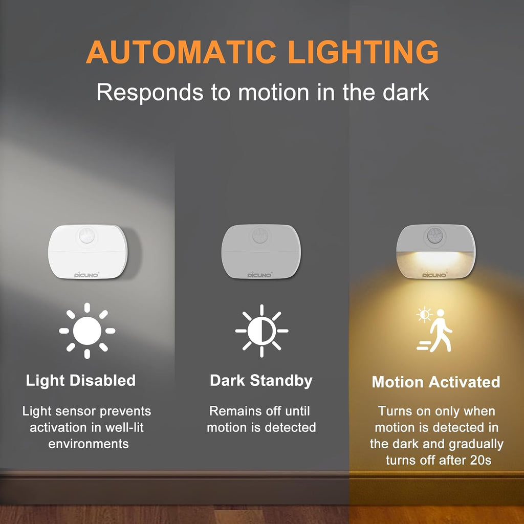 DiCUNO Motion Sensor Night Light, Stick-On, Battery Operated, 3000K, 4-Pack