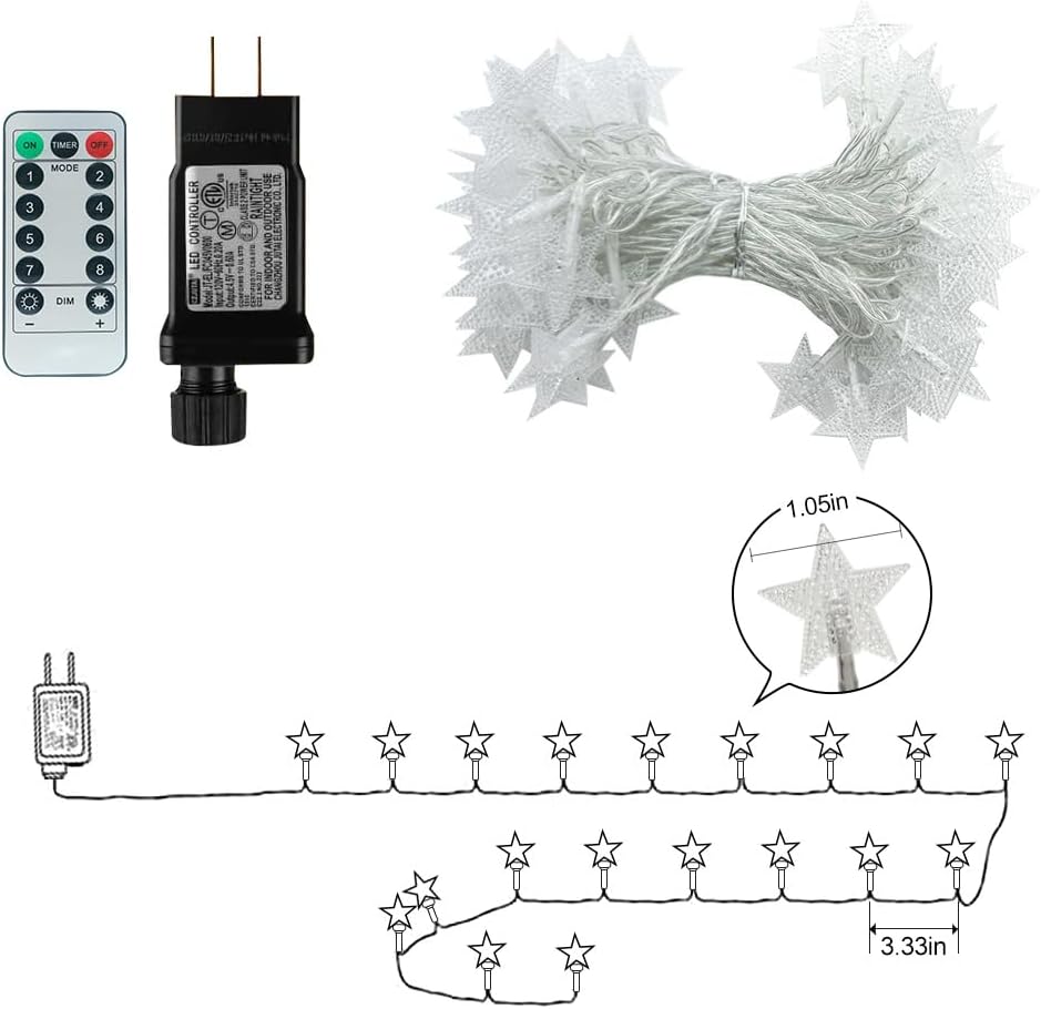 RaThun 49.2ft Star String Lights with Remote for Indoor Bedroom Warm White