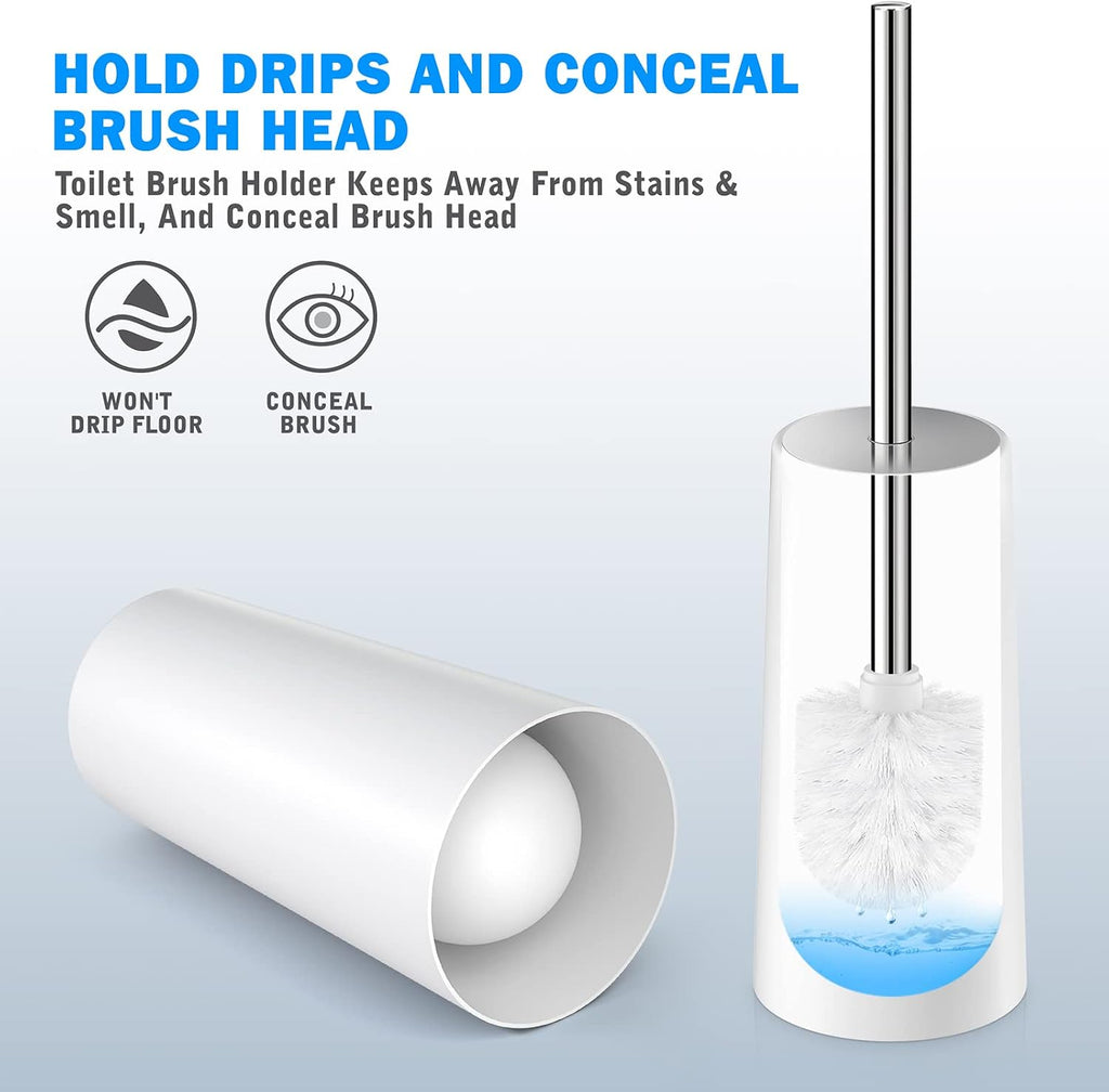 Toilet Brush and Holder, 2 Pack Toilet Brush with 304 Stainless Steel Long Handle, Toilet Bowl Brush for Bathroom Toilet-Ergonomic, Elegant,Durable (White)