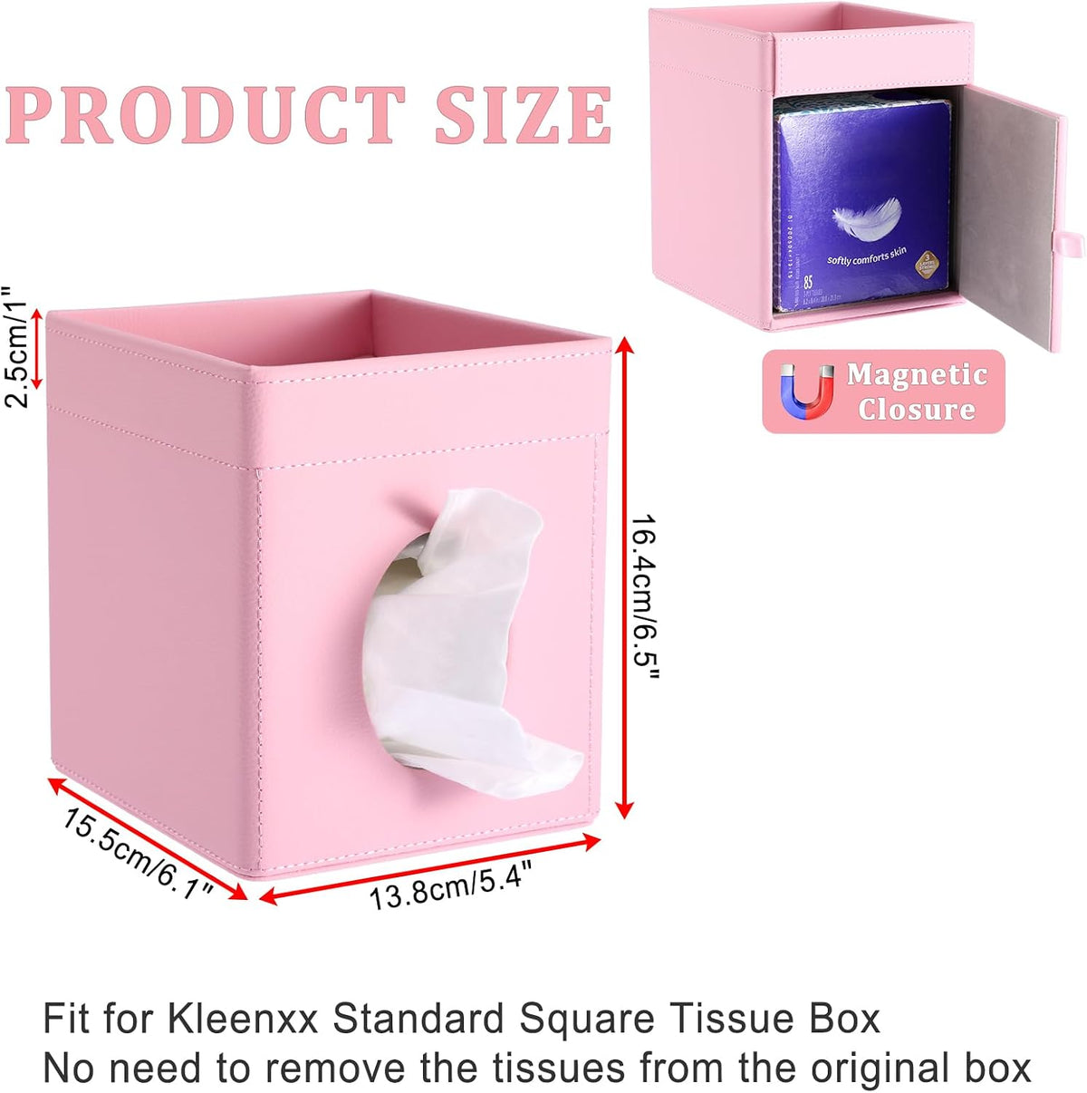 Sumnacon Square Tissue Box Cover with Storage Tray,Tissue Box Holder,Pink