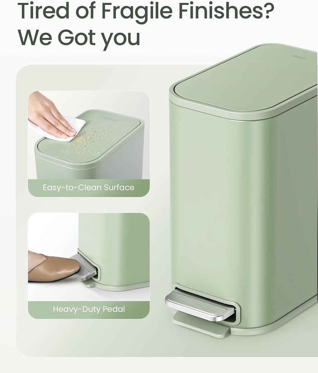 Cesun Small Bathroom Trash Can with Lid Soft Close & Pedal, 1.3 Gal, Green