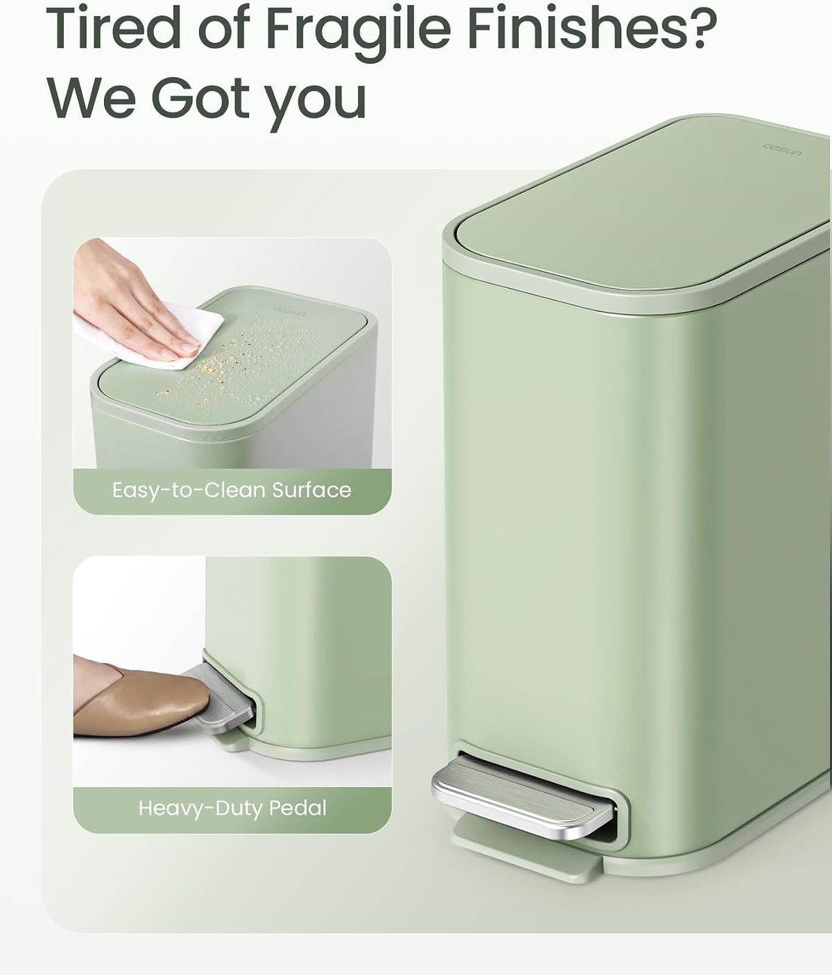 Cesun Small Bathroom Trash Can with Lid Soft Close & Pedal, 1.3 Gal, Green