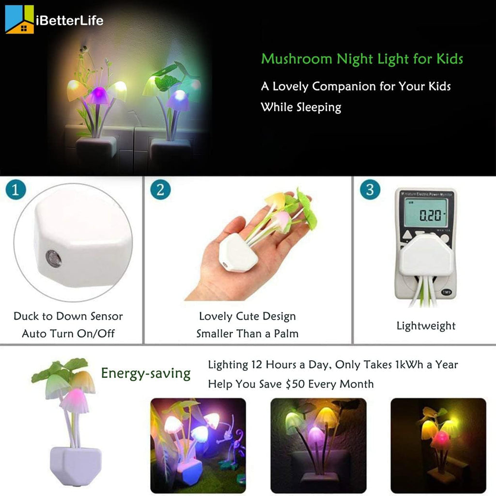 iBetterLife Sensor Mushroom Night Light - 2 Pack Color Changing Plug in Wall LED Mushroom Nightlight with Dusk to Dawn Sensor Auto On/Off Cottage Core Decor Lamp, Super Power Saving