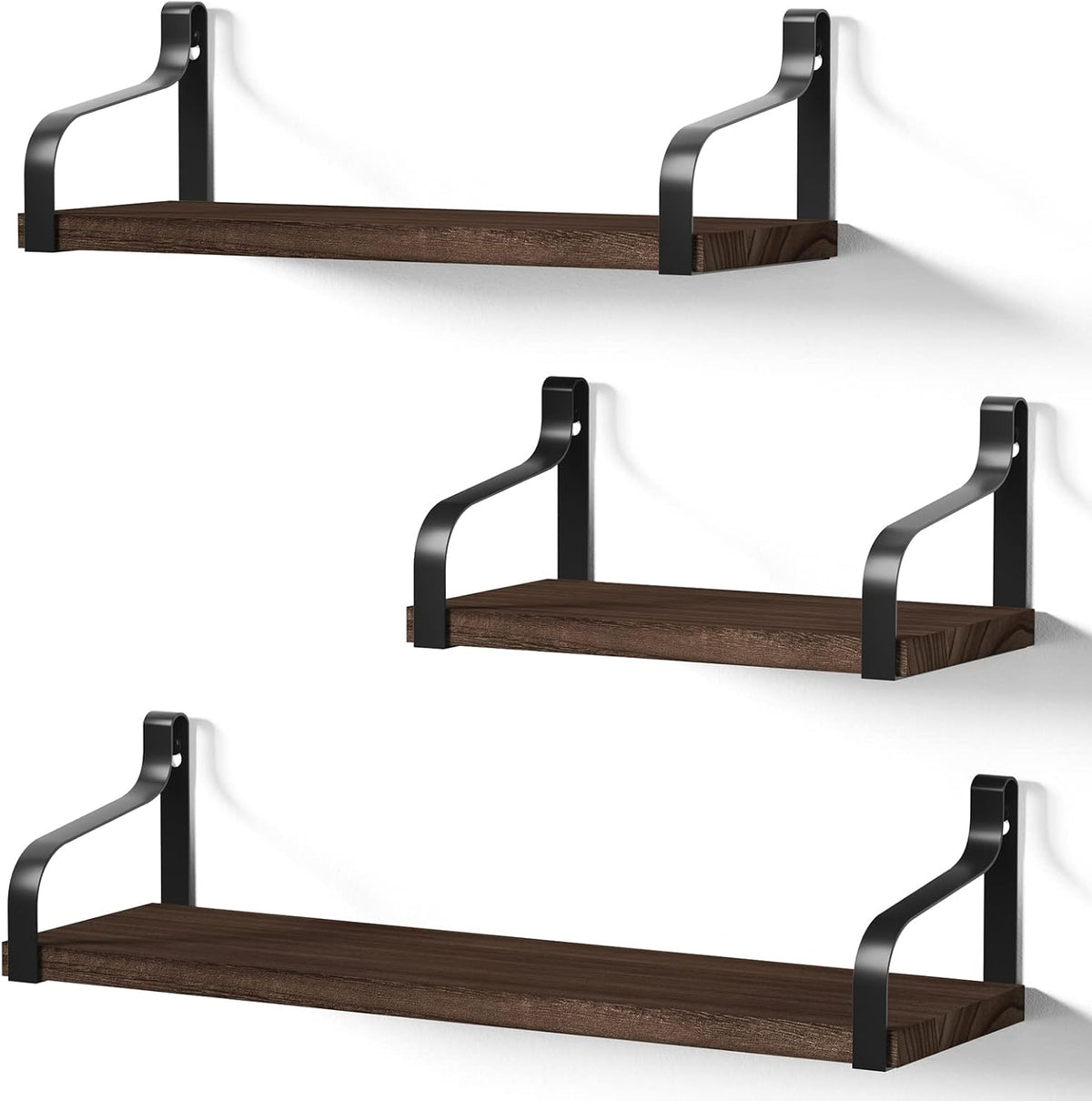 Love-KANKEI Floating Wall Shelves Set of 3,Wood/Metal Bracket,Dark Walnut