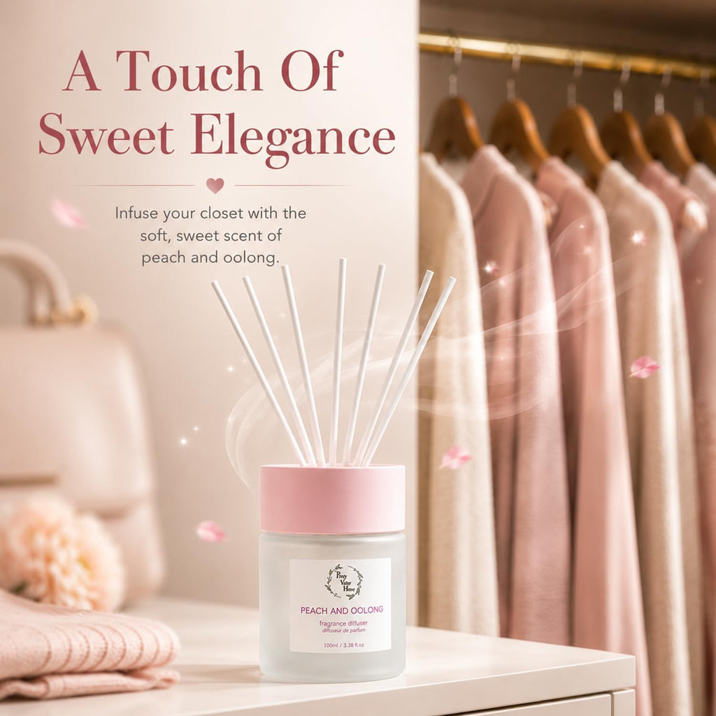 Reed Diffuser Set, Pretty Valley Home Diffuser 100Ml / 3.38fl OZ Gift Box - Includes Reed Diffuser Sticks, Fragrance Oil, and Glass Bottle for Bathroom Office Living Room Decor (White Peach & Oolong)