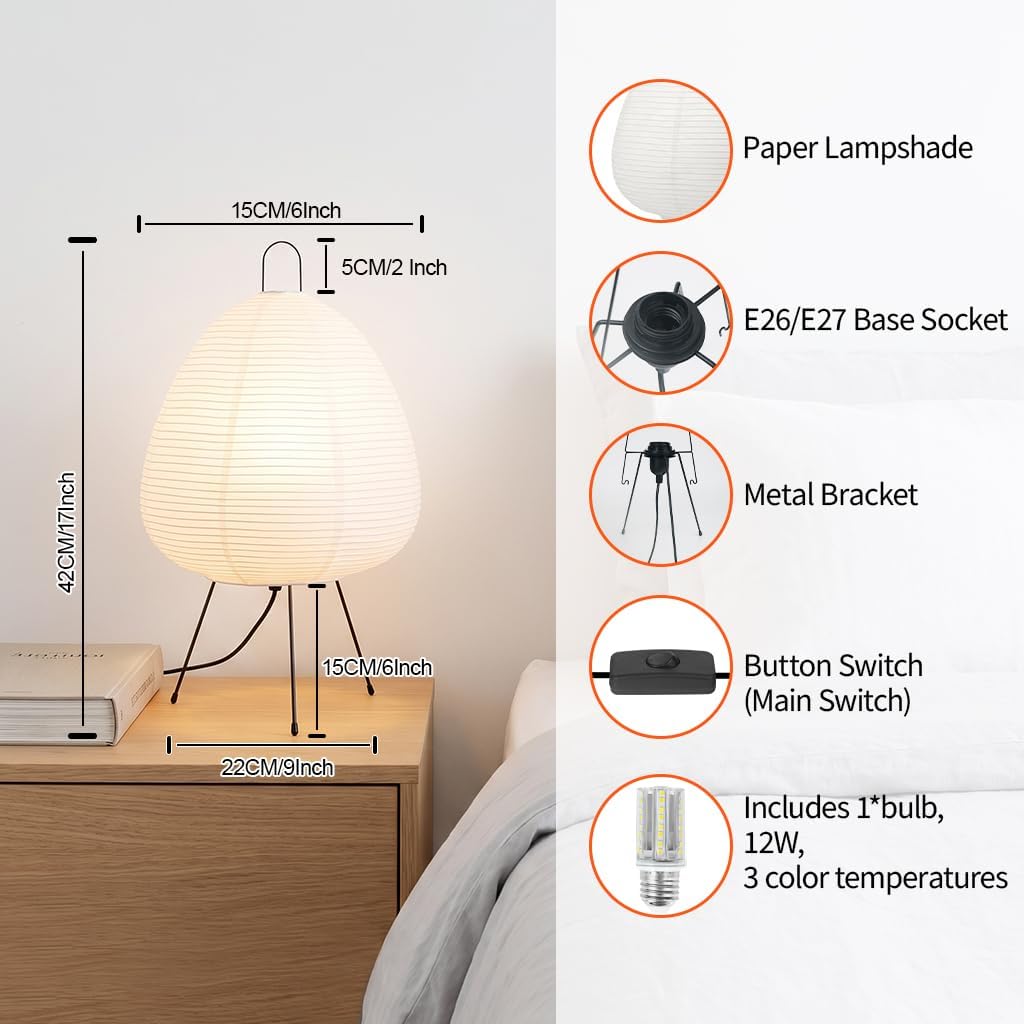 Rice Paper Lamp,Japanese Lamp,3 Color Temperature Bulb Included,12W