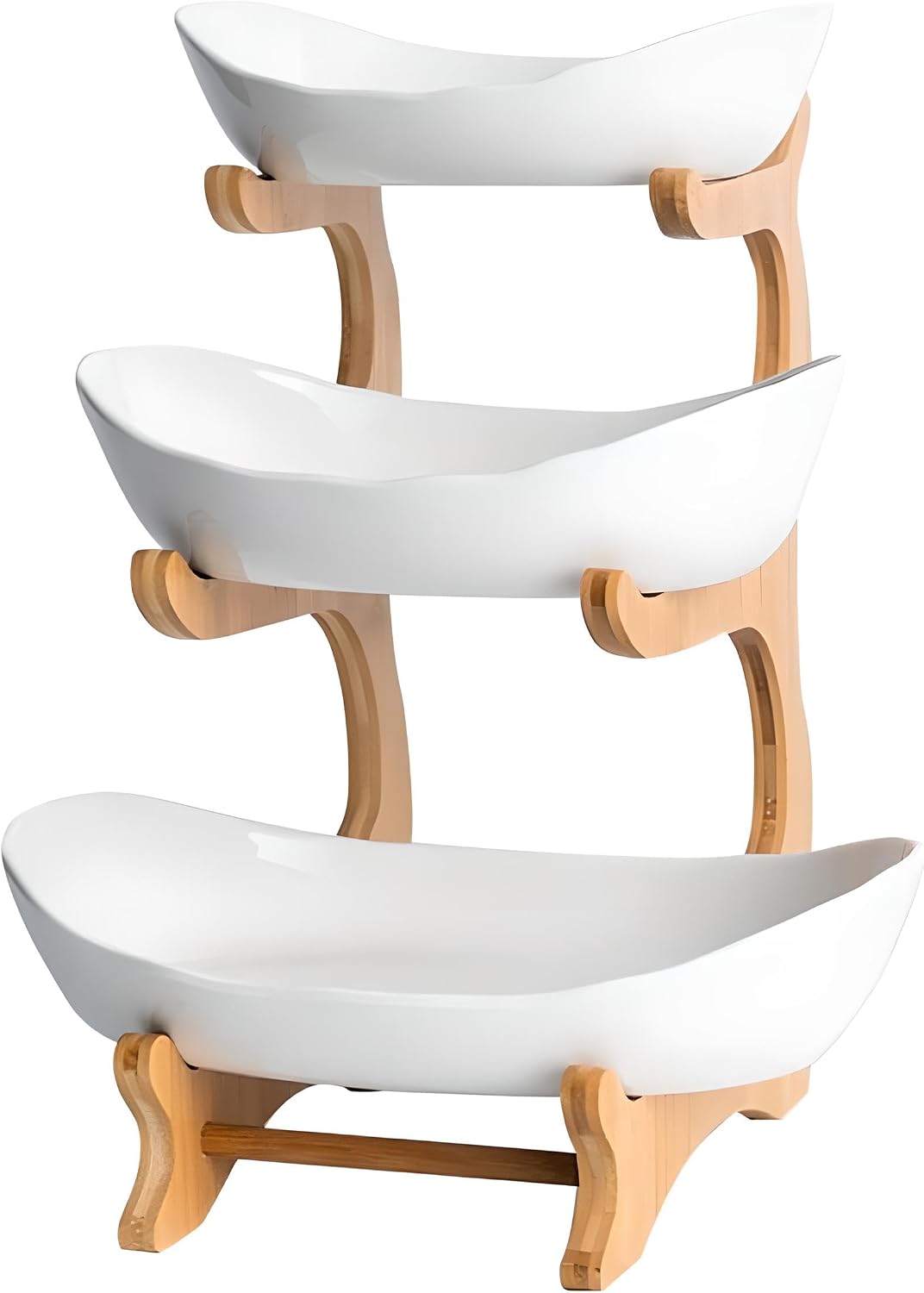 jessie 3 Tier Fruit Bowl Ceramic with Wooden Stand Fruit Bowl for Kitchen Counter for Storage Vegetable Fruit Cup Cake Dessert, White