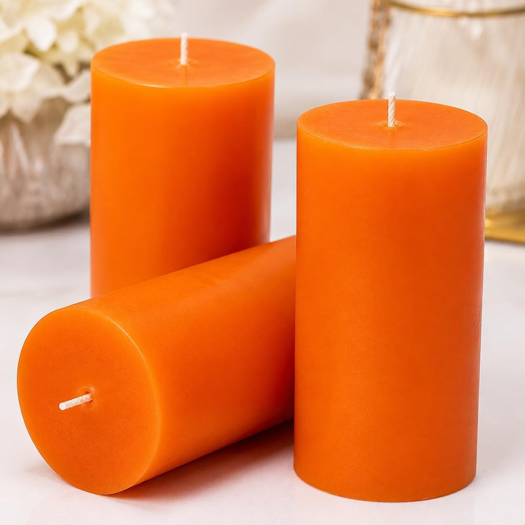 Dinil Orange Pillar Candles 3x6 Inch, Set of 3 Unscented Dripless Smokeless Candles, 65+ Hour Burn Time for Wedding Centerpiece, Dinner Table & Home Decor