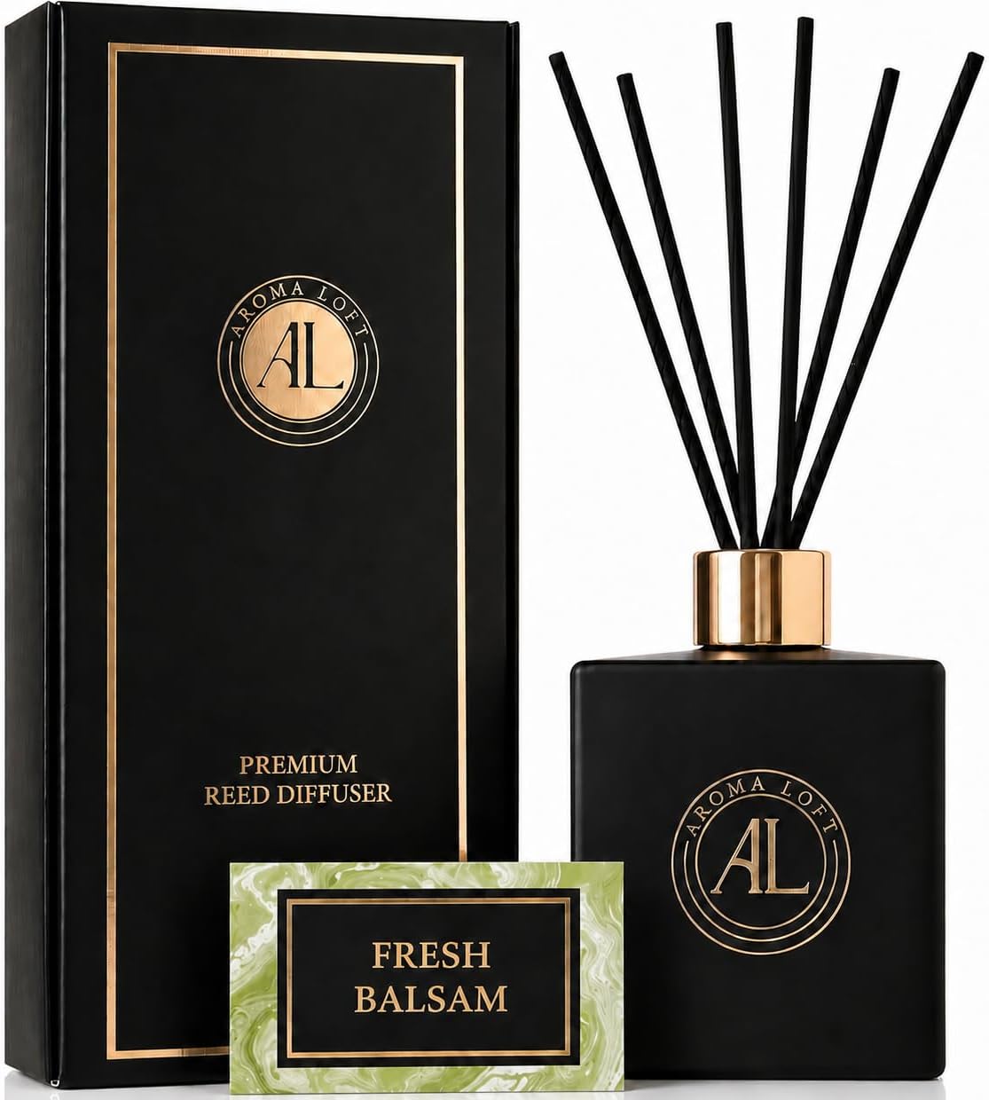Black Reed Diffusers for Home | Premium Long-Lasting Fragrance Diffuser | Reed Diffuser Sticks in Oil Set | Smells Good in Bathroom & Office | Black, Balsam Reed Diffuser(5 oz)