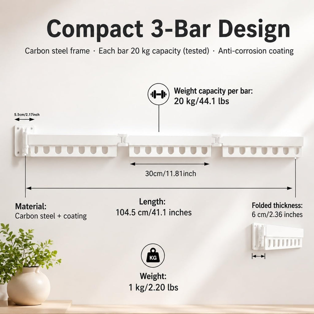 Retractable Wall Mounted Clothes Drying Rack, Rustproof Steel Drying Rack with 24 Hanging Holes, Space‑Saving Design for Apartments, Laundry Rooms, Balconies & RVs White