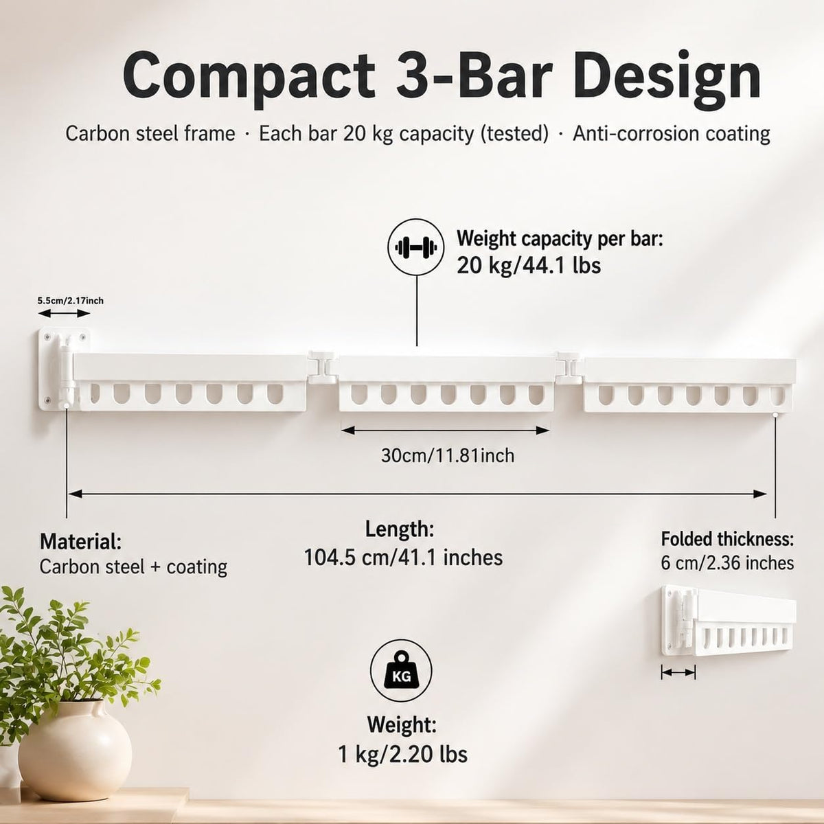 Retractable Wall Mounted Clothes Drying Rack, Rustproof Steel Drying Rack with 24 Hanging Holes, Space‑Saving Design for Apartments, Laundry Rooms, Balconies & RVs White