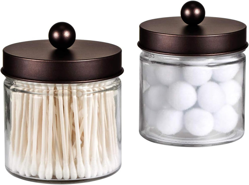 SheeChung Glass Mason Jar Qtip Holder, Bronze Stainless Steel Lids, 2 Pack