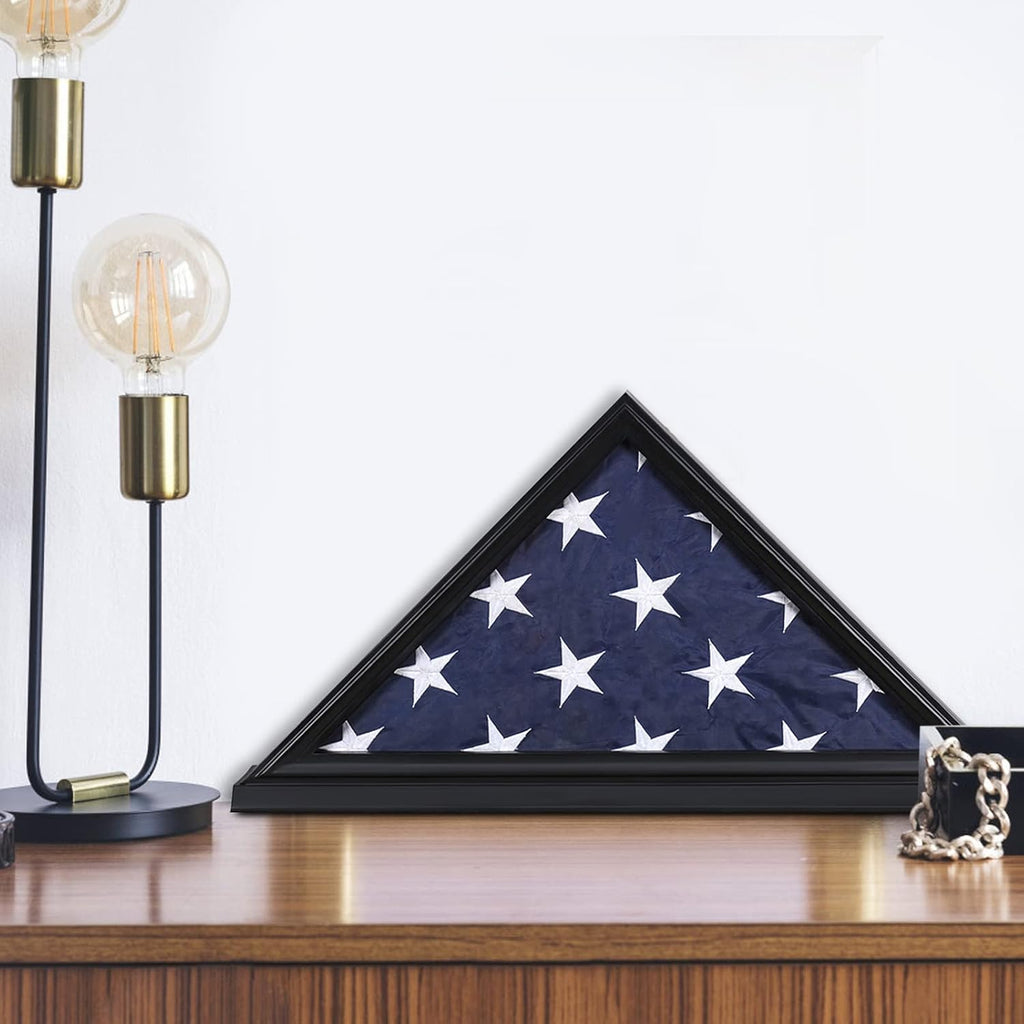 Flag Display Case, Thick Bottom Edge Military Flag Box with High Transparent Glass Front, Solid Wood Wall Mounted Flag Case Shadow Box for 5'x9.5' American Veteran Burial Flag (Black)