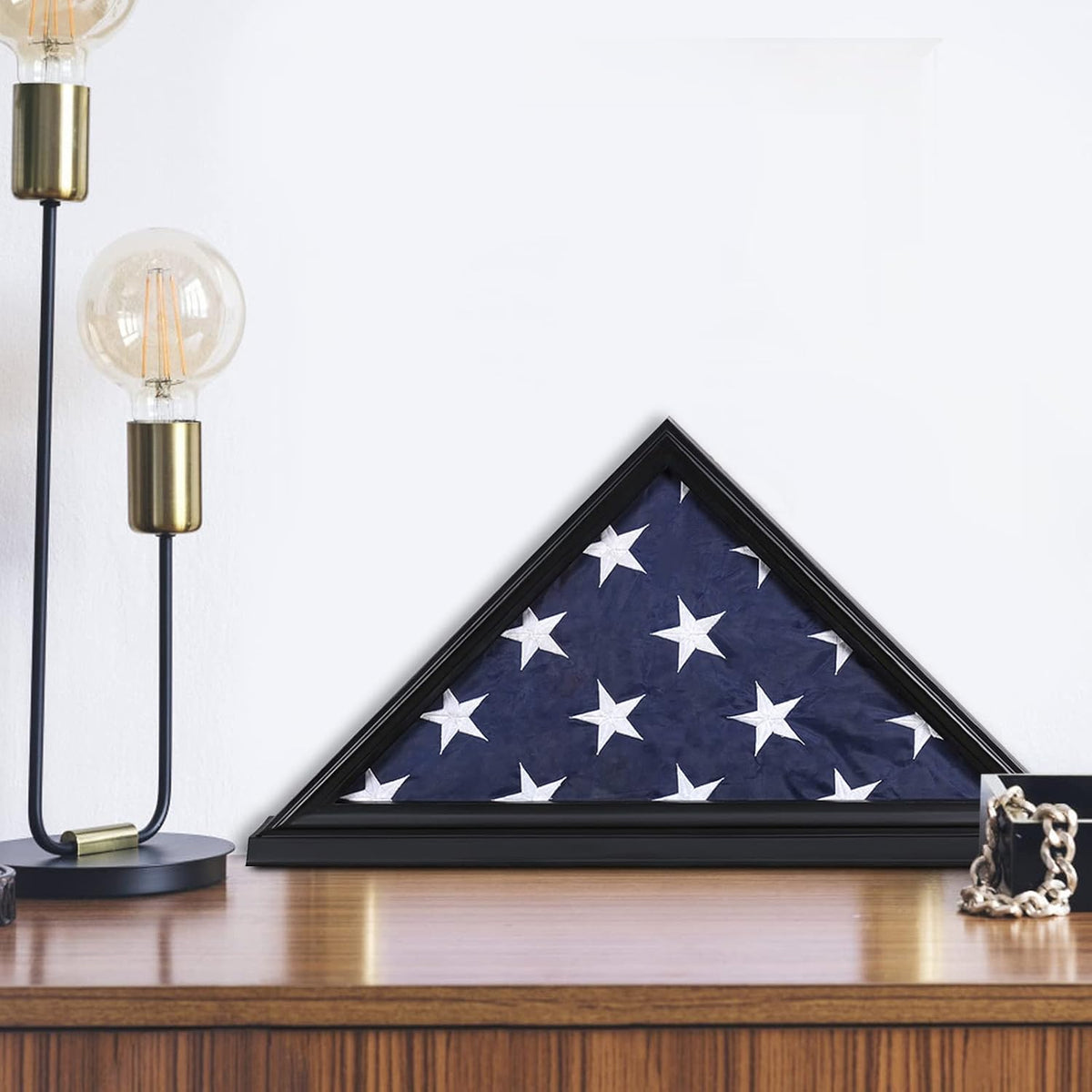 Flag Display Case, Thick Bottom Edge Military Flag Box with High Transparent Glass Front, Solid Wood Wall Mounted Flag Case Shadow Box for 5'x9.5' American Veteran Burial Flag (Black)