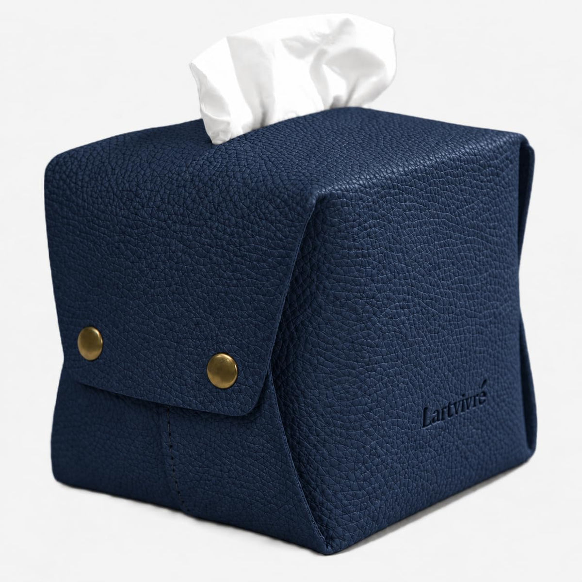 Grained Faux Leather Tissue Box Cover Square, Navy Blue