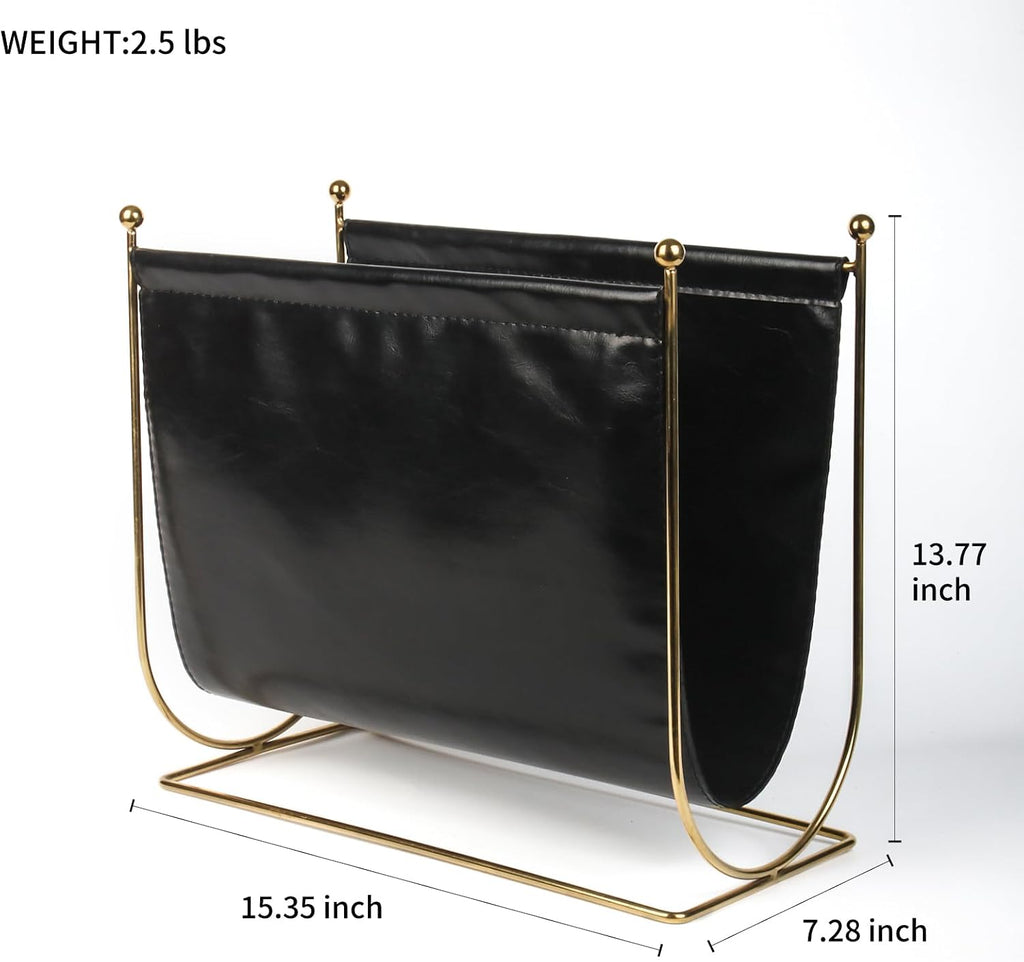 Black Leatherette Magazine Rack Holder, with Metal Ball Bracket,Modern Fashion Style for Books,Newspapers,Home Staging,Bedroom,Hotel,Offices and Living Rooms