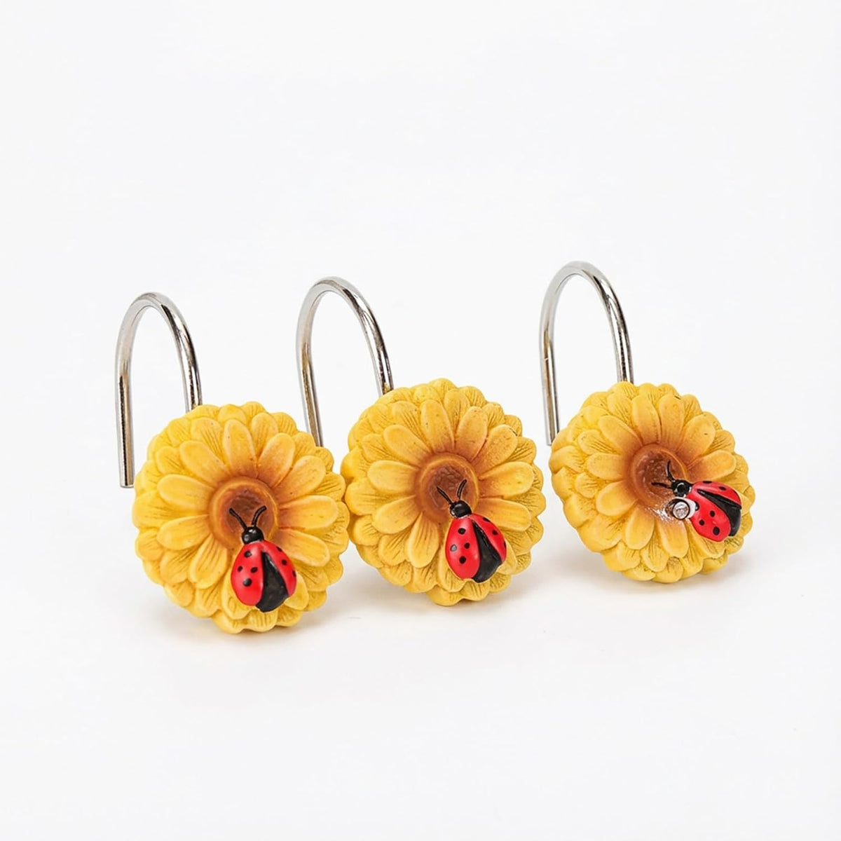 12PCS Sunflower Shower Curtain Hooks, Yellow Floral Ladybug Decorative Curtain Hanger, Metal Rustproof Shower Curtain Rod Ring for Bathroom Décor