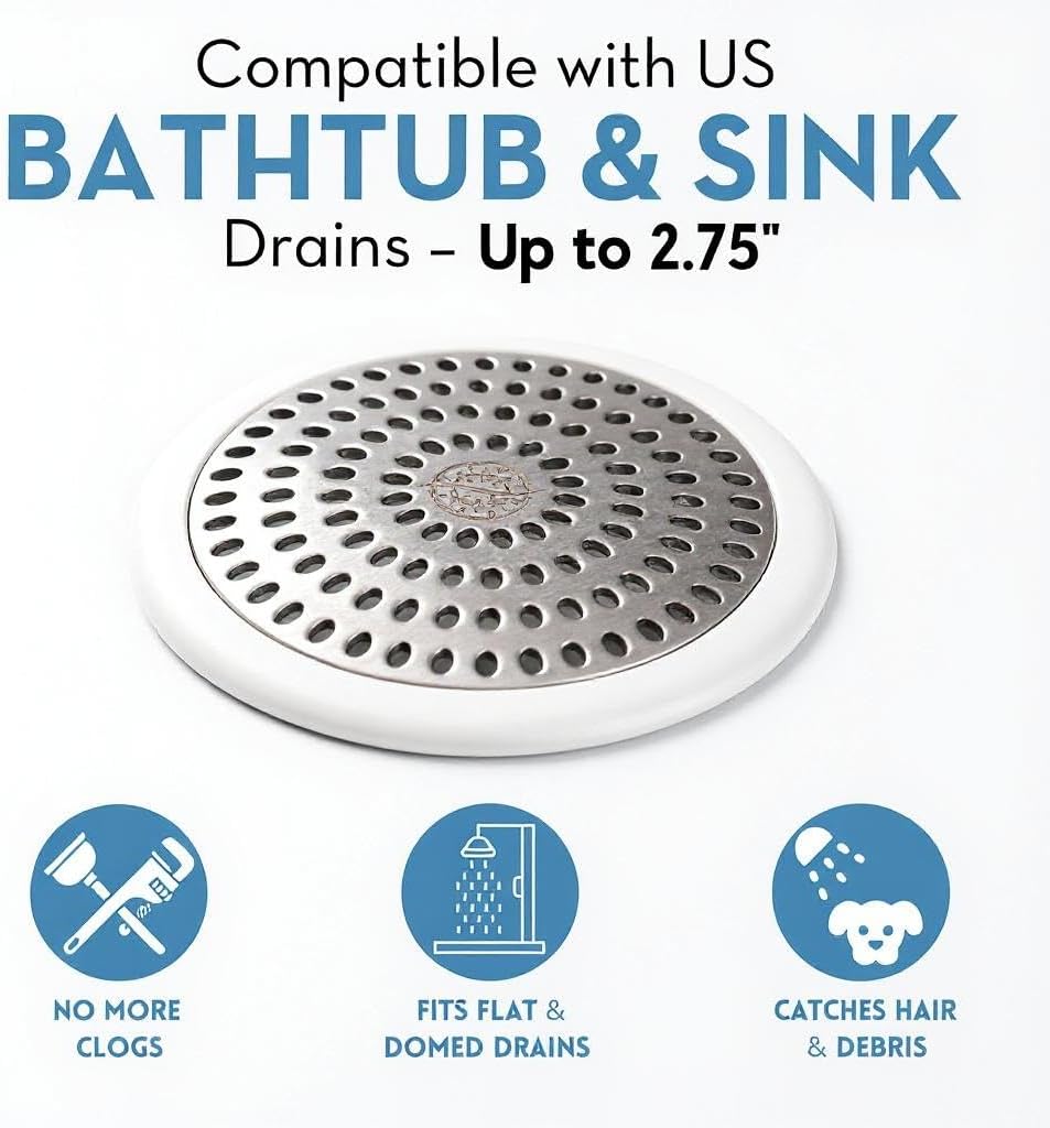 Drain Hair Catcher & Stopper Combo – Tub ShowerRing + StopRing Set for Bathtub & Sink | Stainless Steel Strainer + Silicone Drain Plug | Clog-Free, Universal Fit (White, 2 Pack)