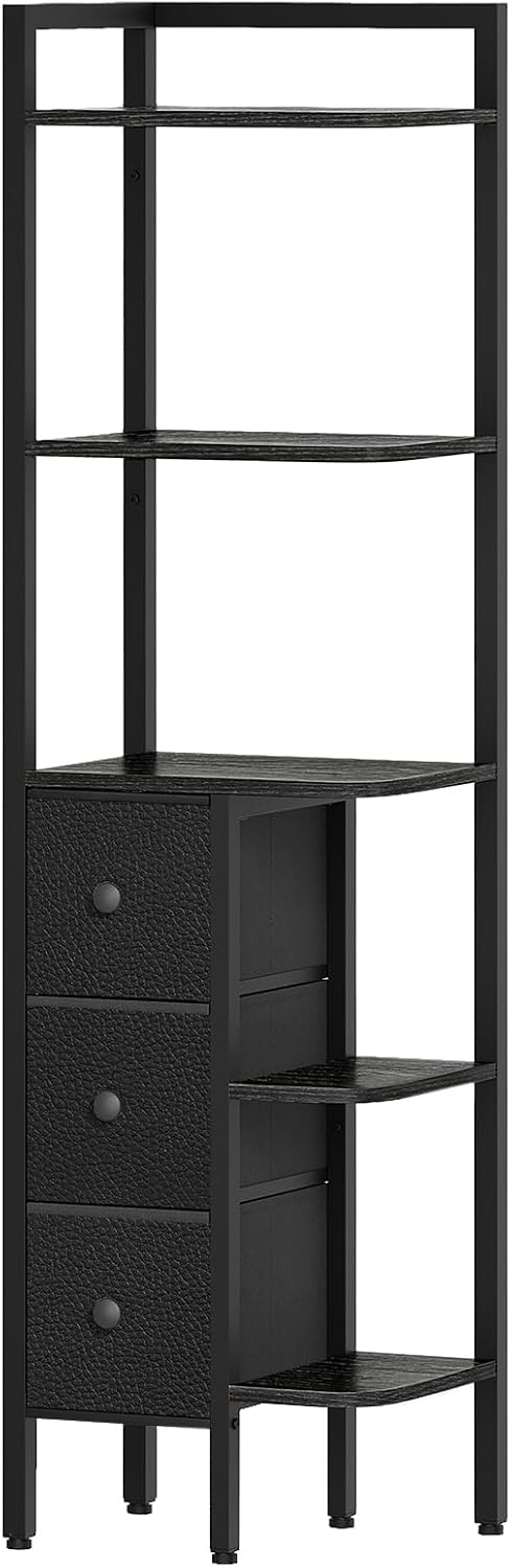 YATINEY 5-Tier Corner Shelf Stand, Corner Bookshelf with 3 Drawers, Black