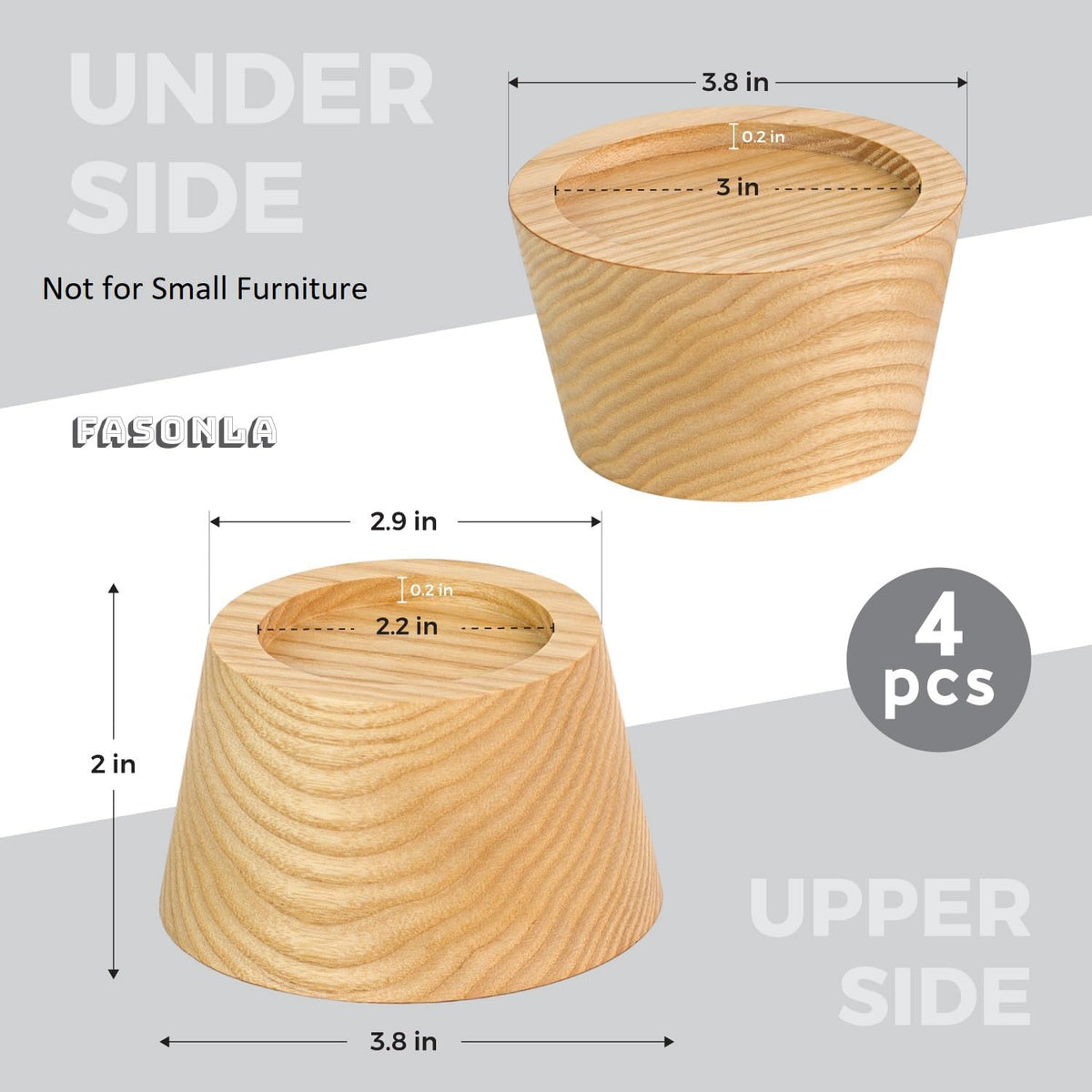 FASONLA Bed Risers (Set of 4) Furniture Risers Lifts Height 2", Oak Solid Wooden Risers for Bed, Furniture Risers with Non-Slip Recessed Hole (Monolithic Wood, 4pcs-2" Hight-Natural)