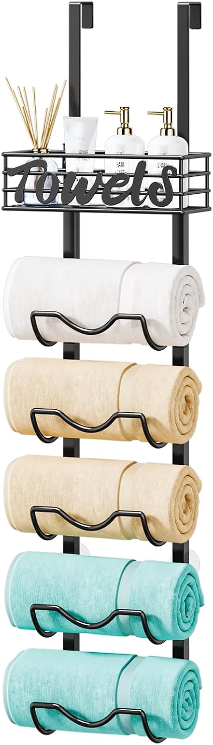 HapiRm Over The Door Towel Rack - 6 Tier Wall Mount Rolled Towel Holder Storage Organizer Shelf with Storage Basket for Small Bathroom, Rv, Camper - Black