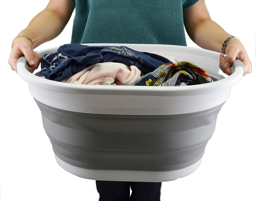 SAMMART 32L (8.4 Gallon) Collapsible Plastic Laundry Basket - Foldable Pop Up Storage Container/Organizer - Portable Washing Tub - Space Saving Hamper/Basket, Water Capacity: 24L (2, White/Grey)