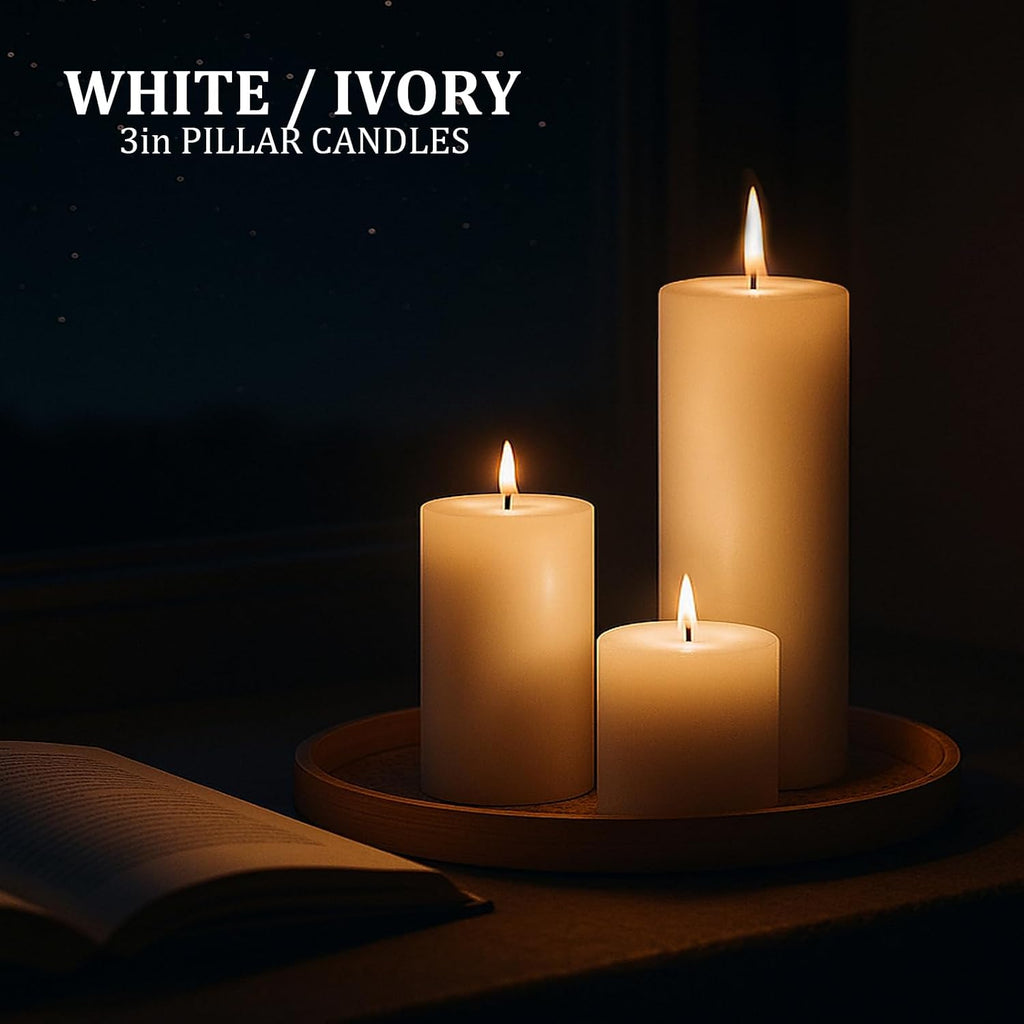 12 Pack Ivory Pillar Candles Bulk Set, 3x3/6/8 Inch - 4 Each Size, Dripless Smokeless Clean Burning for Wedding Centerpieces, Home Decor, Church, Romantic Ambiance！