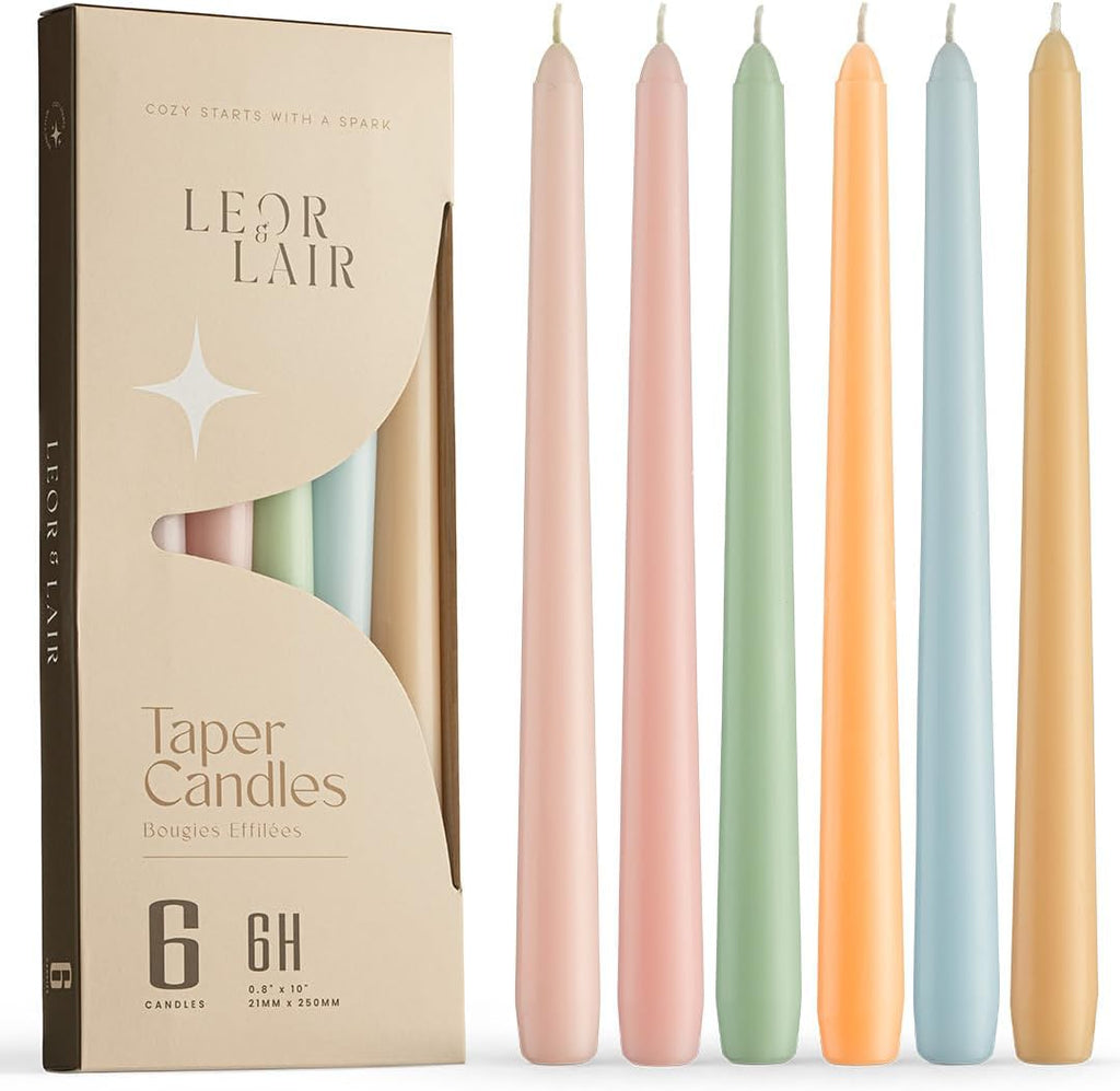 Leor & Lair Pastel Taper Candles, 6 Pack, 10" Tall Candlesticks, Unscented