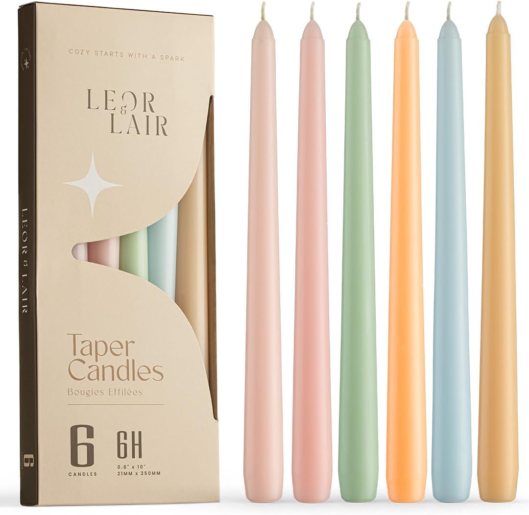 Leor & Lair Pastel Taper Candles, 6 Pack, 10" Tall Candlesticks, Unscented