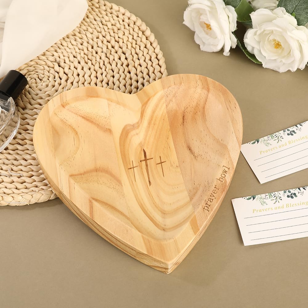 Heart-Shaped Wooden Prayer Bowl Plate with Engraved Cross and Prayer Cards, Thanksgiving Christmas Home Decor Gift
