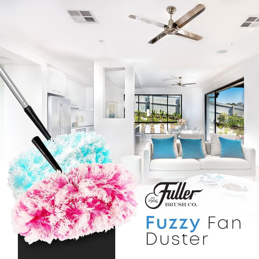 Fuller Brush Duster Spray + Fuzzy Fan Duster - Netted Fiber Duster with Slanted Head Cleans Ceiling Fans Walls Bookshelves Door & Window Tops