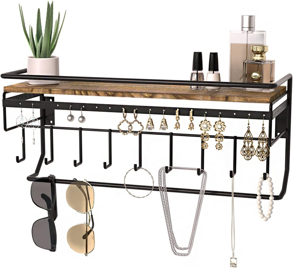 JackCubeDesign Hanging Jewelry Organizer with 9 Hooks, Wall Mount Necklace Earring Bracelet Sunglass Holder with Torched Wood Shelf (Black Metal) - MK237C